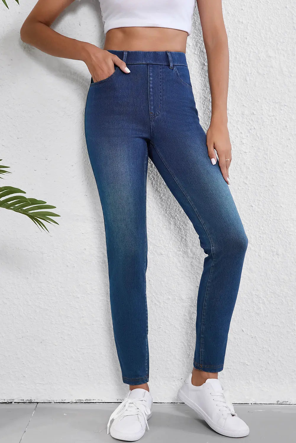 Ashleigh Blue Multiple Pockets Straight Leg Washed Stretchy Knit Casual Jeans eAura