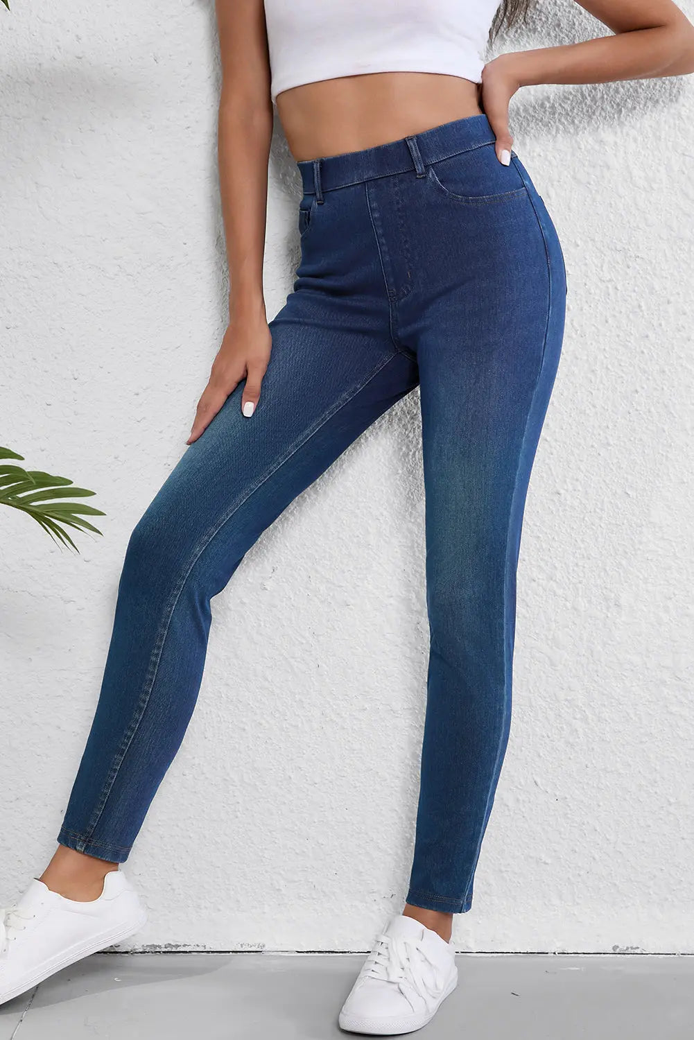 Ashleigh Blue Multiple Pockets Straight Leg Washed Stretchy Knit Casual Jeans eAura