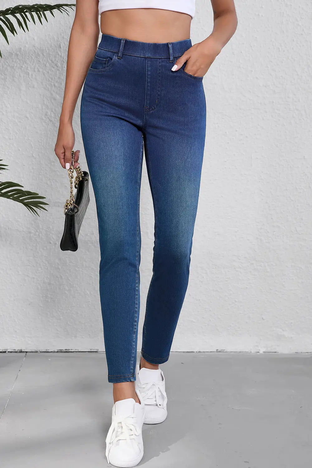 Ashleigh Blue Multiple Pockets Straight Leg Washed Stretchy Knit Casual Jeans eAura