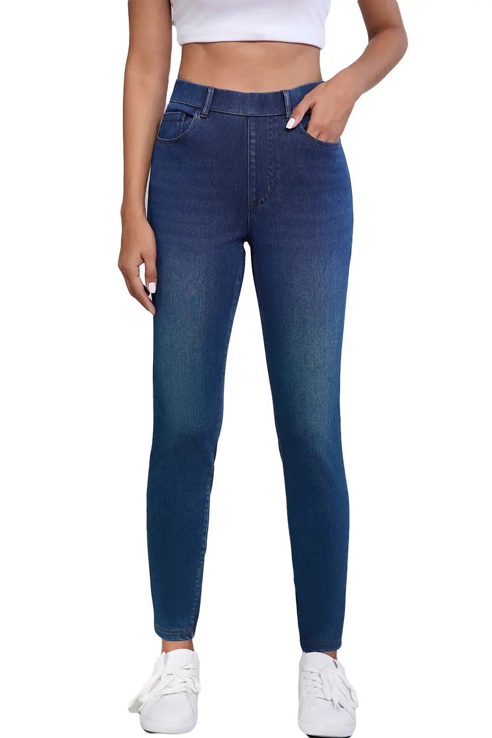 Ashleigh Blue Multiple Pockets Straight Leg Washed Stretchy Knit Casual Jeans eAura
