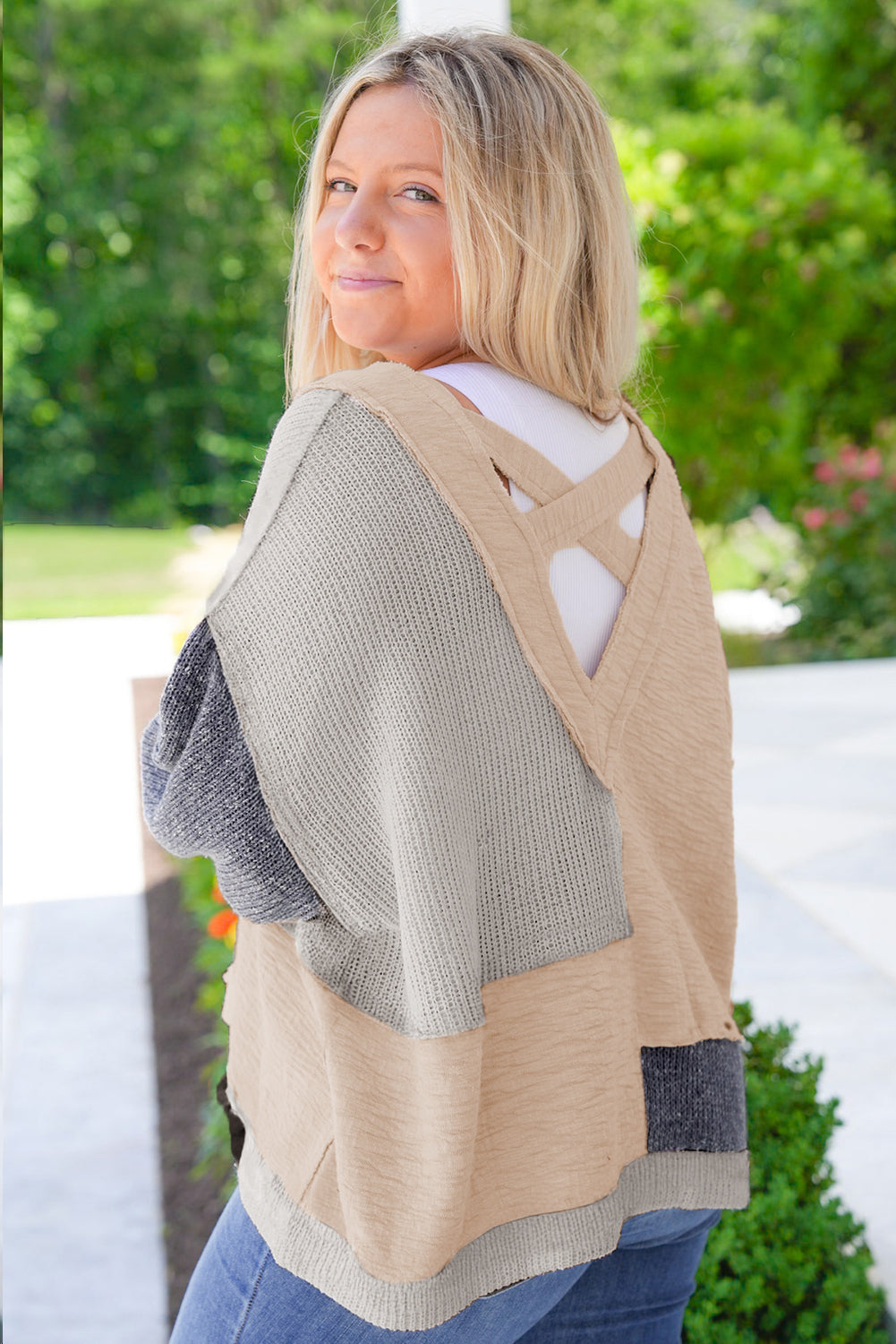 Ashleigh Blue Plus Size Textured Colourblock Patchwork V Neck Top - eAura