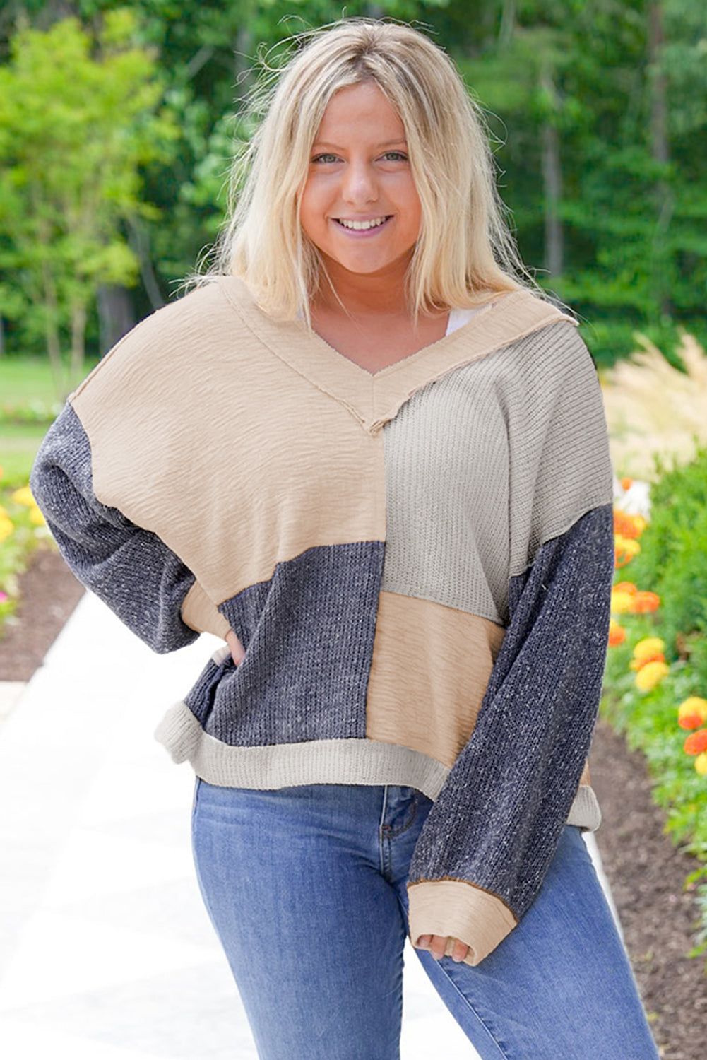Ashleigh Blue Plus Size Textured Colourblock Patchwork V Neck Top - Size/Plus Tops/Plus Long Sleeve Tops