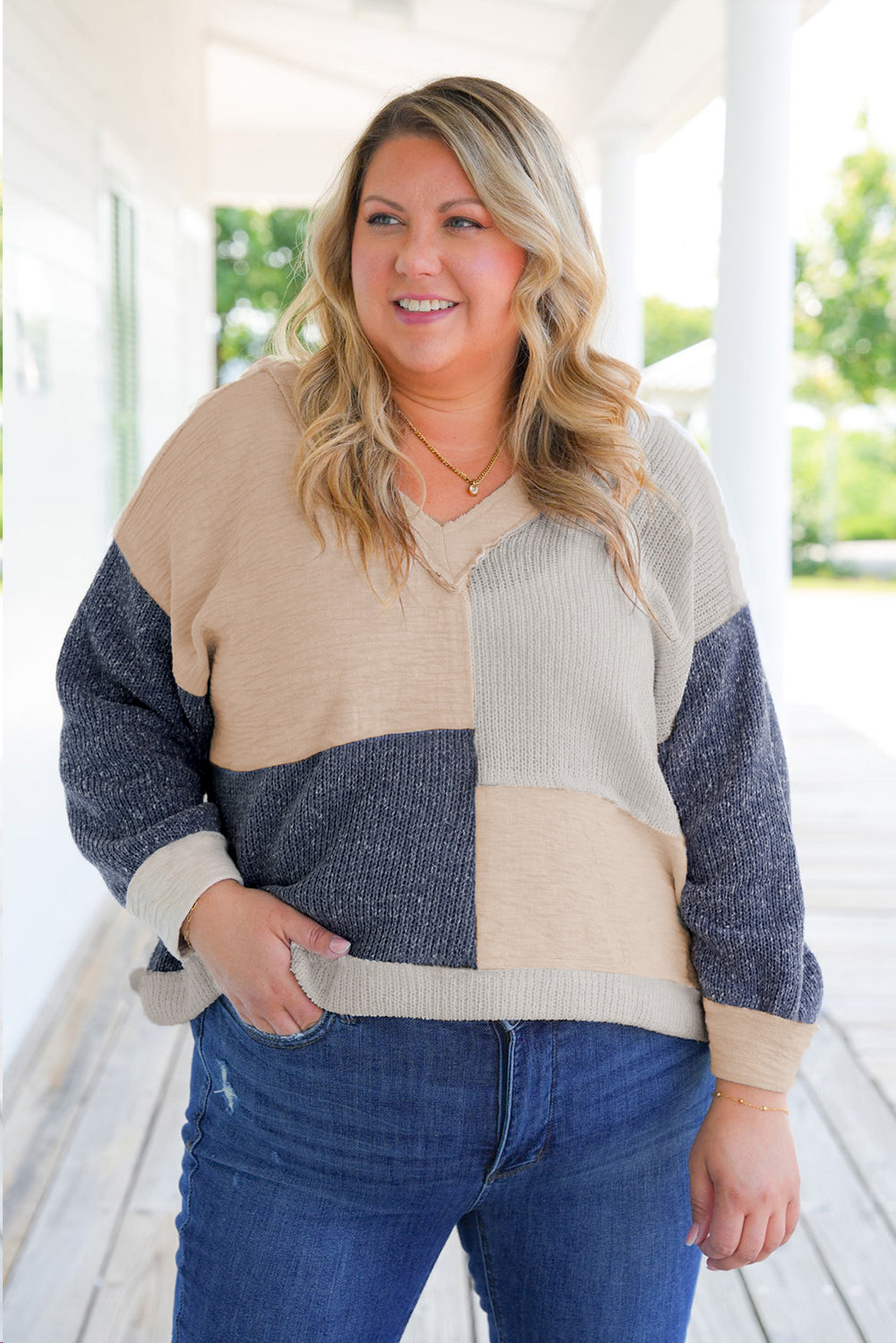 Ashleigh Blue Plus Size Textured Colourblock Patchwork V Neck Top - Size/Plus Tops/Plus Long Sleeve Tops