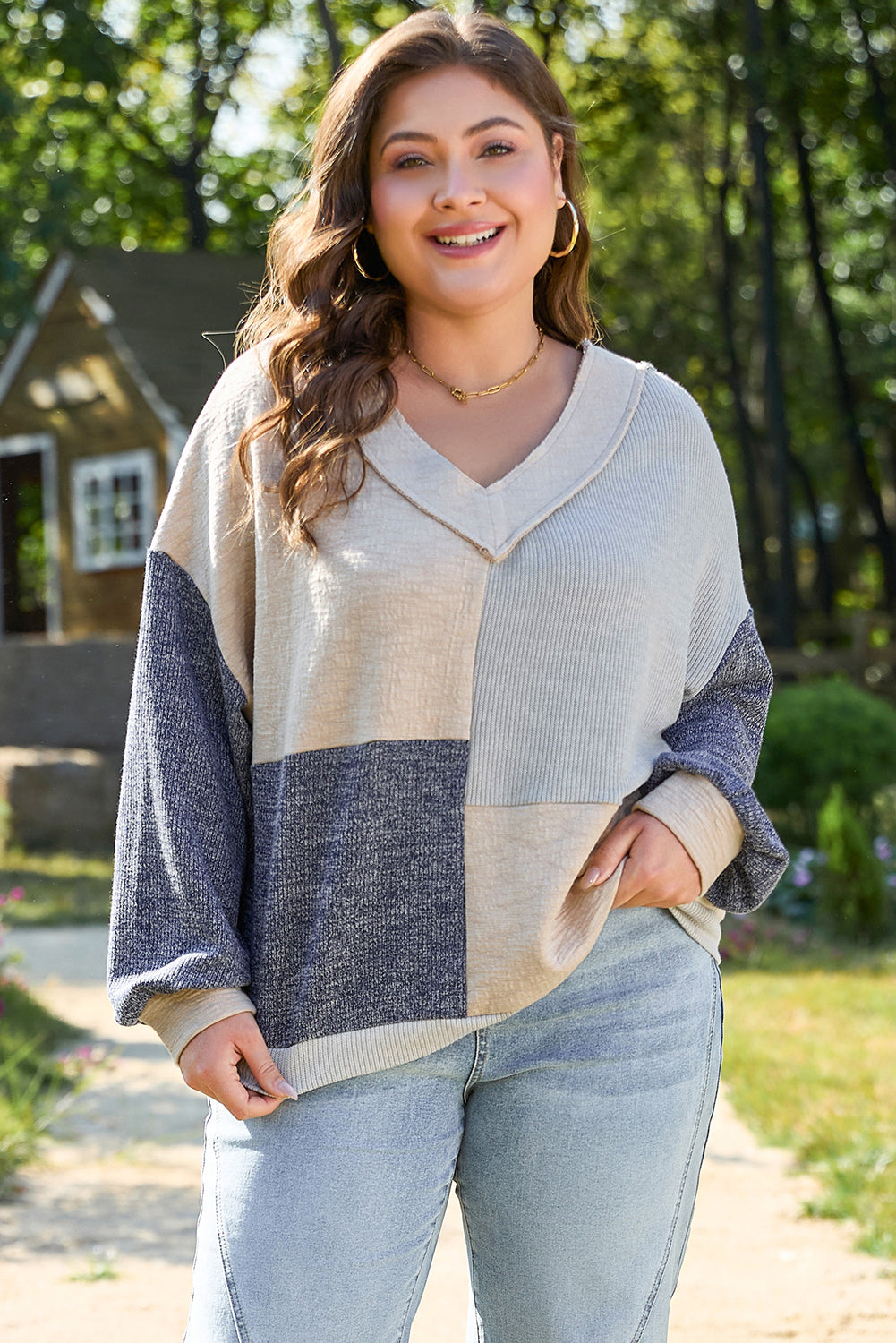 Ashleigh Blue Plus Size Textured Colourblock Patchwork V Neck Top - Size/Plus Tops/Plus Long Sleeve Tops