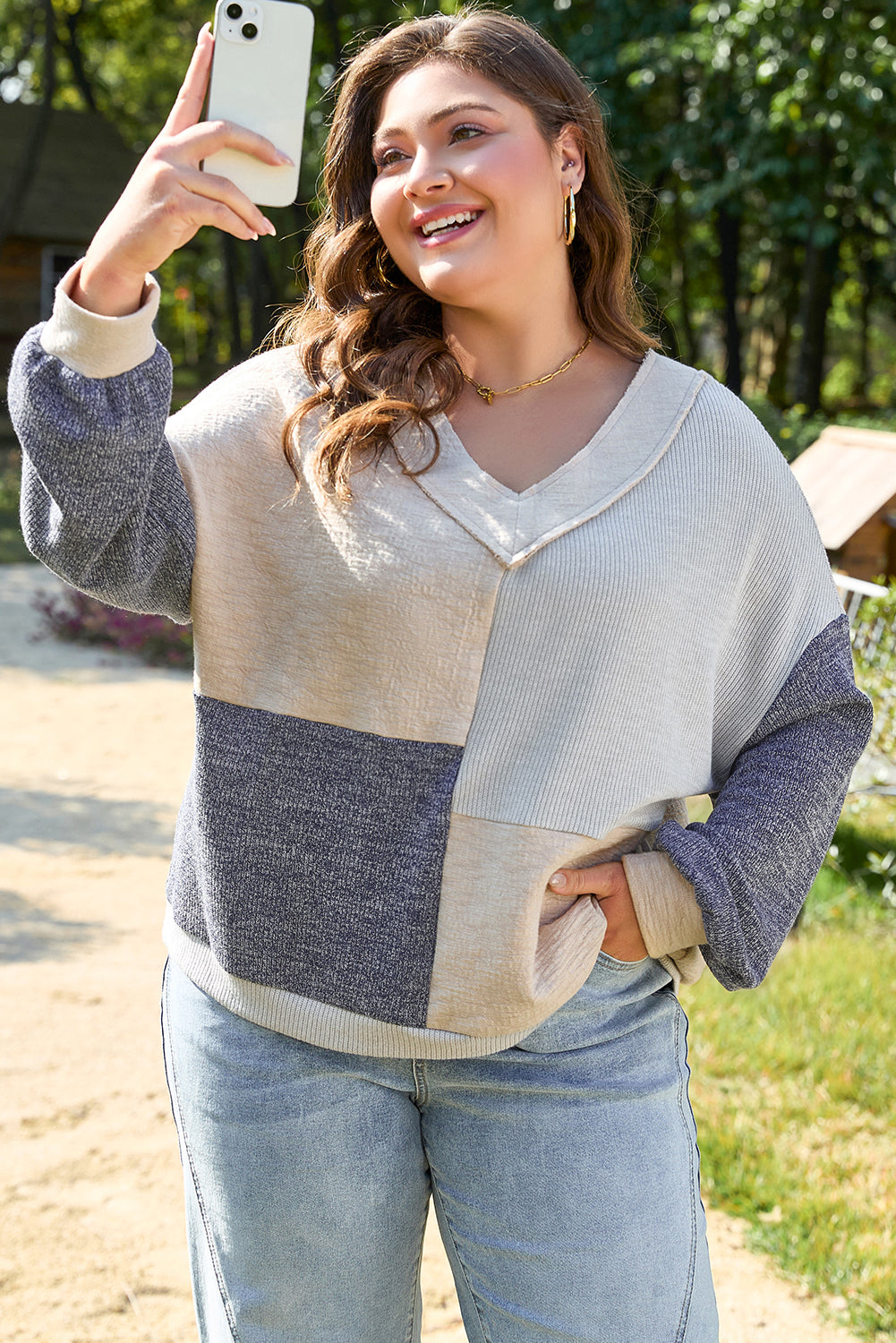Ashleigh Blue Plus Size Textured Colourblock Patchwork V Neck Top - Size/Plus Tops/Plus Long Sleeve Tops