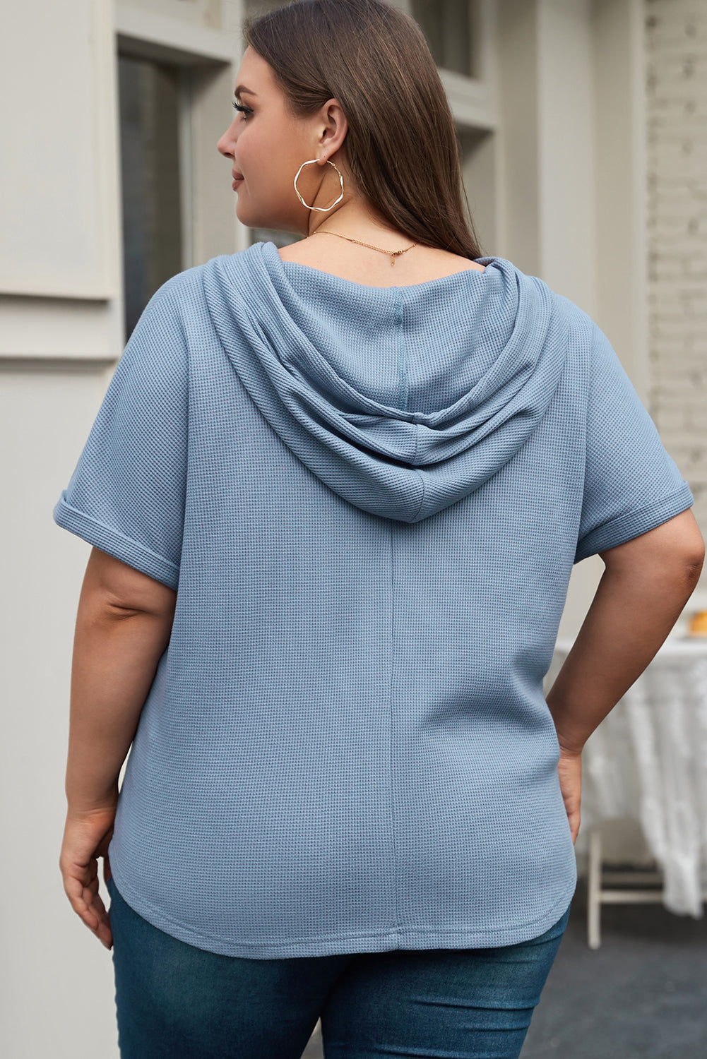 Ashleigh Blue Plus Size Waffle Knit Short Sleeve Drawstring Hoodie - eAura