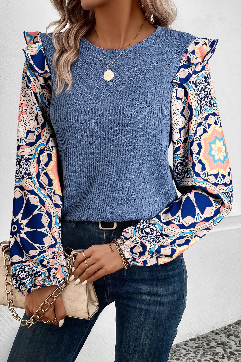 Ashleigh Blue Ruffled Floral Sleeve Patchwork Waffle Knit O Neck Blouse Beagle Boutique Fashion Outlet