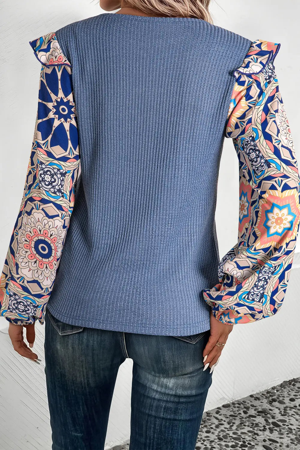 Ashleigh Blue Ruffled Floral Sleeve Patchwork Waffle Knit O Neck Blouse Beagle Boutique Fashion Outlet