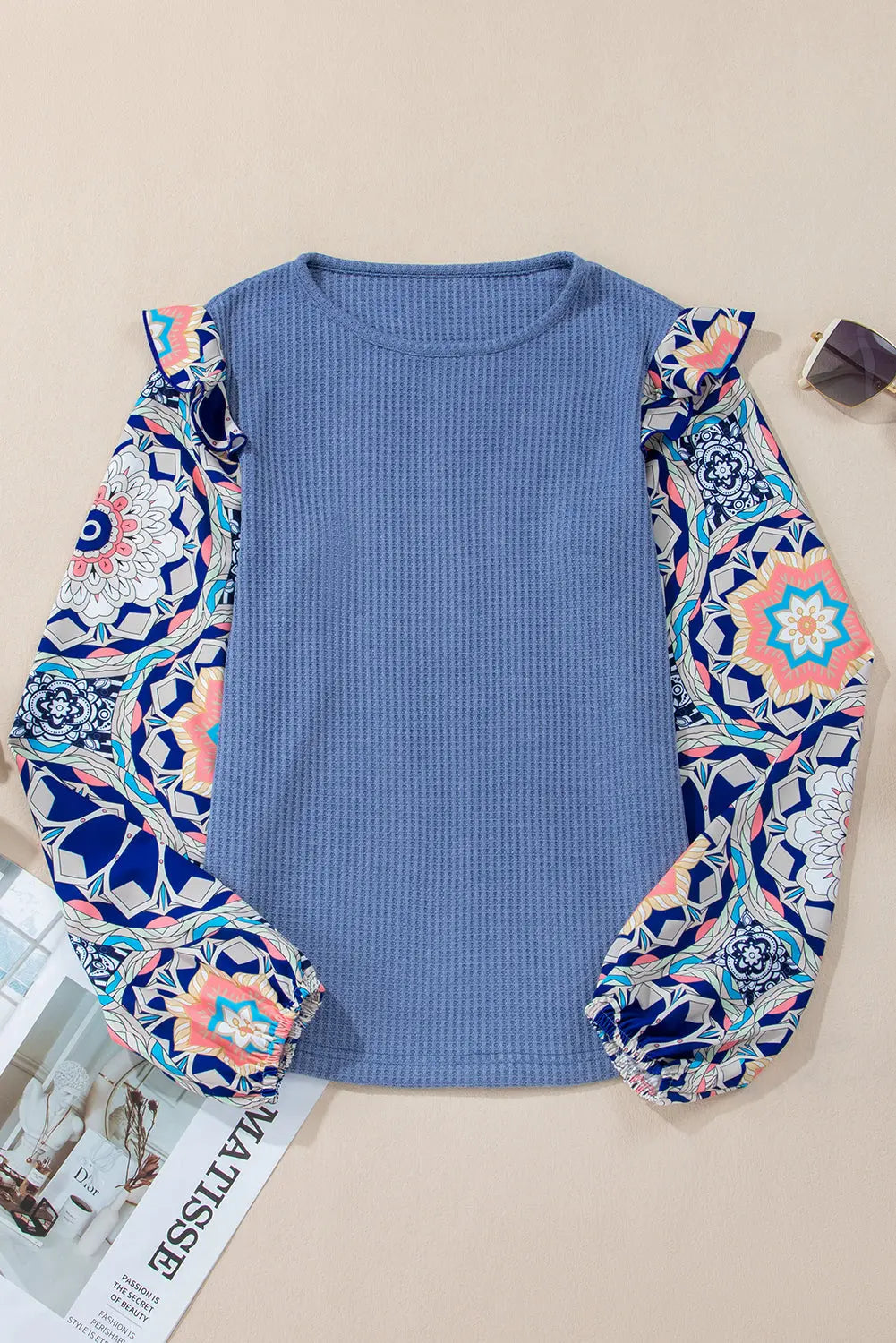 Ashleigh Blue Ruffled Floral Sleeve Patchwork Waffle Knit O Neck Blouse Beagle Boutique Fashion Outlet