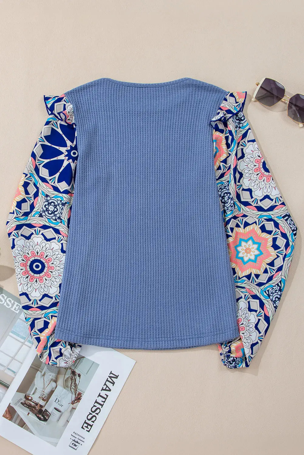 Ashleigh Blue Ruffled Floral Sleeve Patchwork Waffle Knit O Neck Blouse Beagle Boutique Fashion Outlet