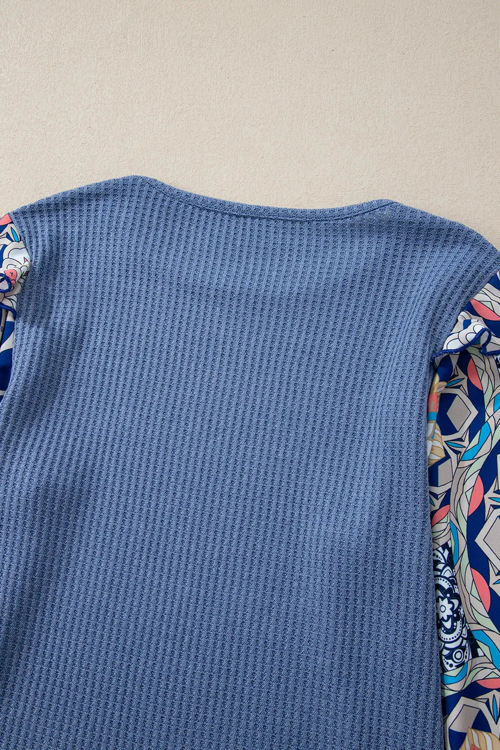 Ashleigh Blue Ruffled Floral Sleeve Patchwork Waffle Knit O Neck Blouse Beagle Boutique Fashion Outlet