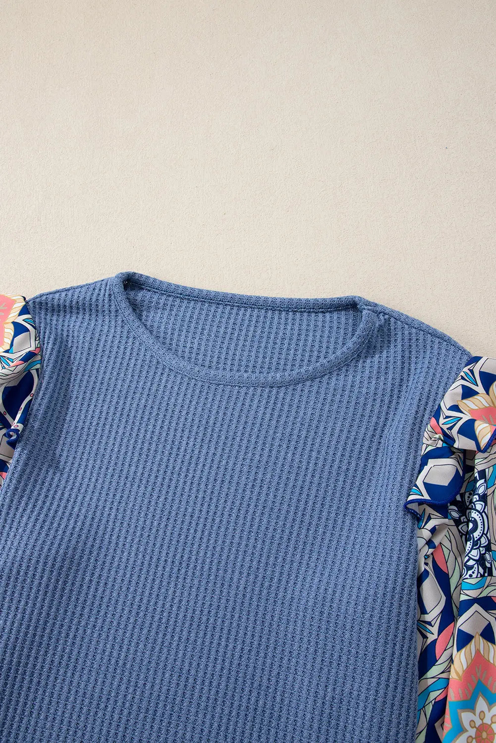 Ashleigh Blue Ruffled Floral Sleeve Patchwork Waffle Knit O Neck Blouse Beagle Boutique Fashion Outlet