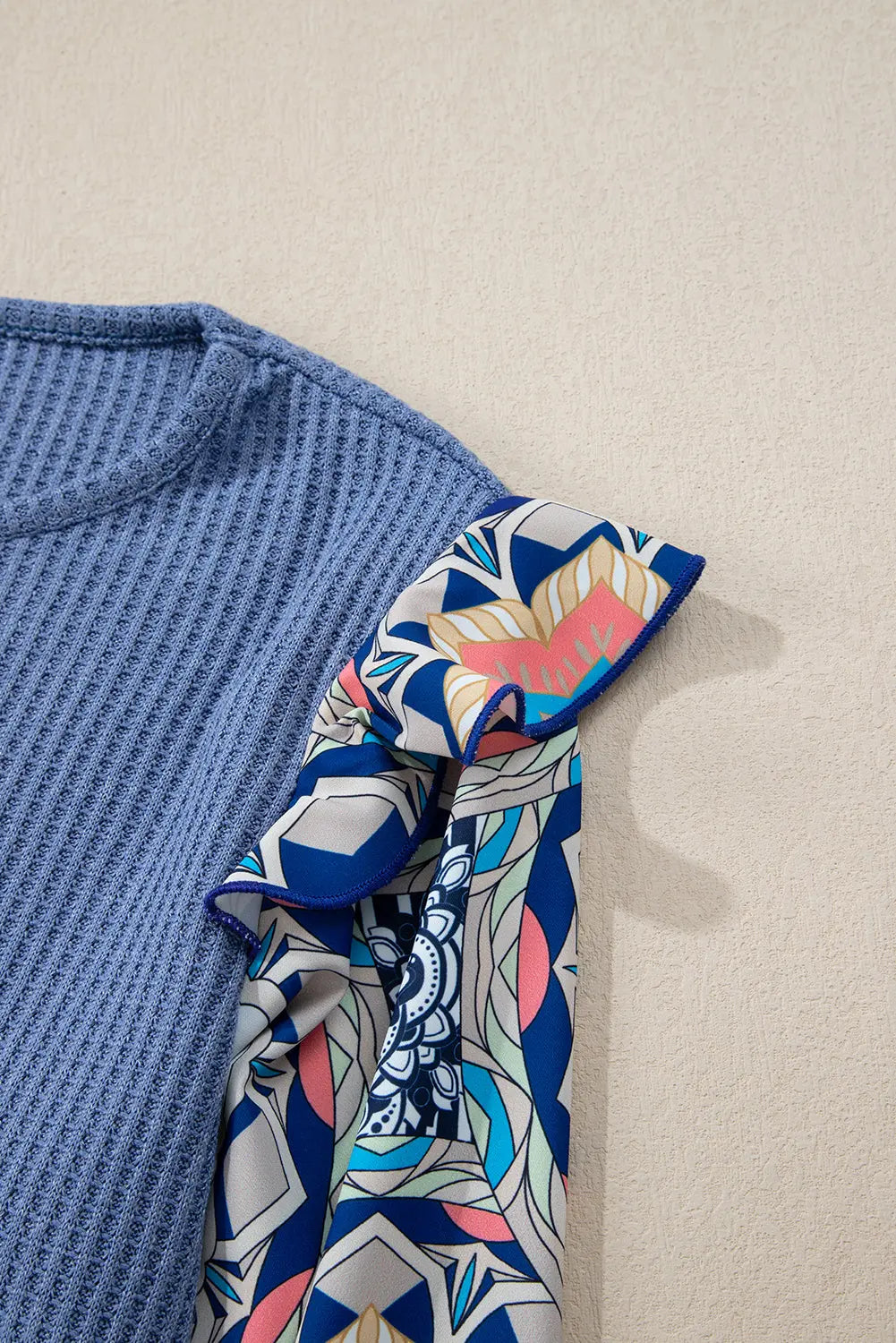 Ashleigh Blue Ruffled Floral Sleeve Patchwork Waffle Knit O Neck Blouse Beagle Boutique Fashion Outlet