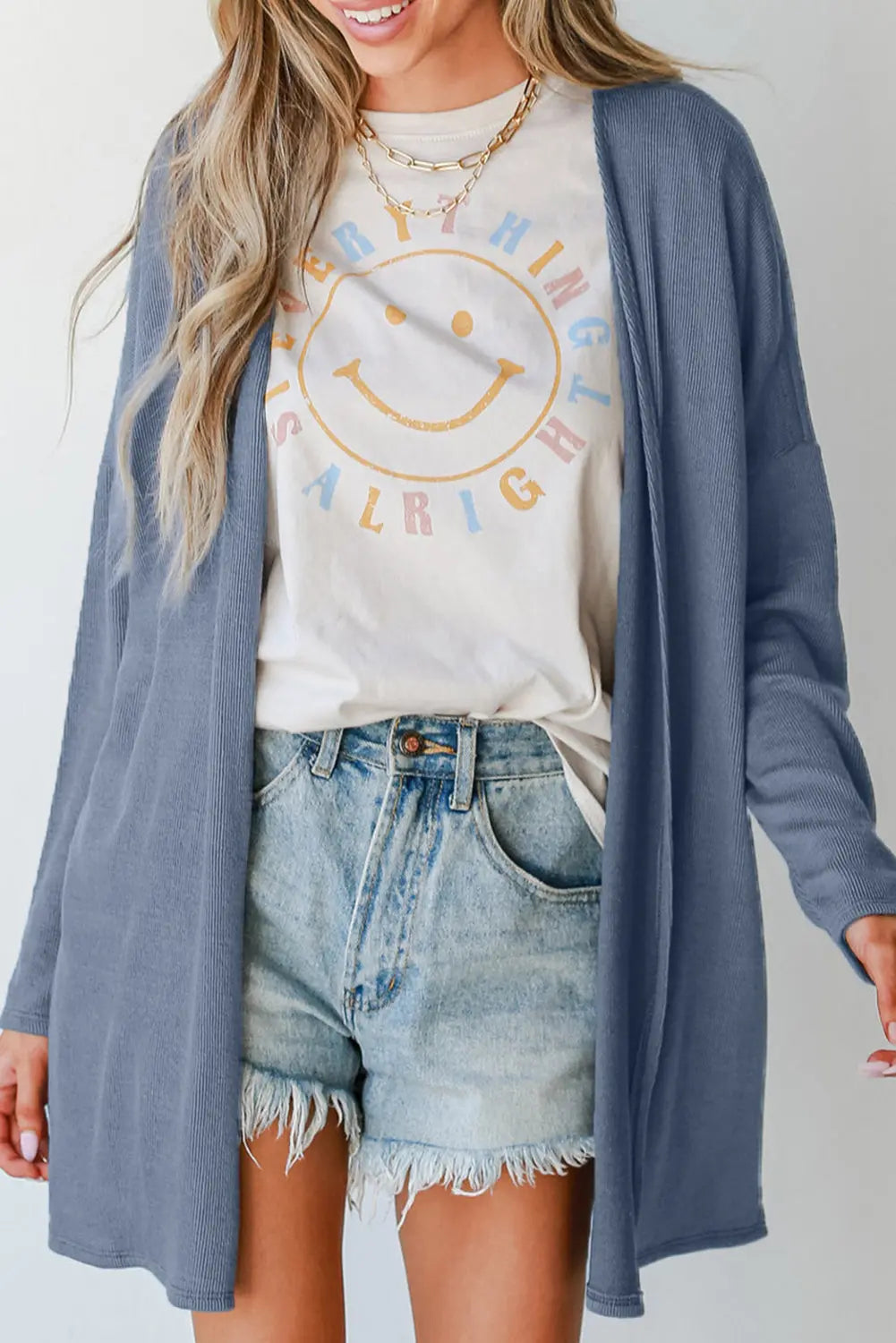 Ashleigh Blue Solid Colour Rib Knit Open Front Tunic Cardigan Beagle Boutique Fashion Outlet