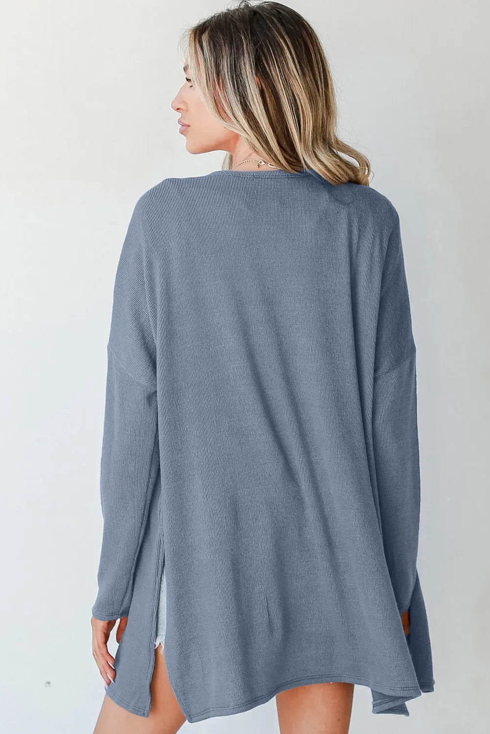 Ashleigh Blue Solid Colour Rib Knit Open Front Tunic Cardigan Beagle Boutique Fashion Outlet