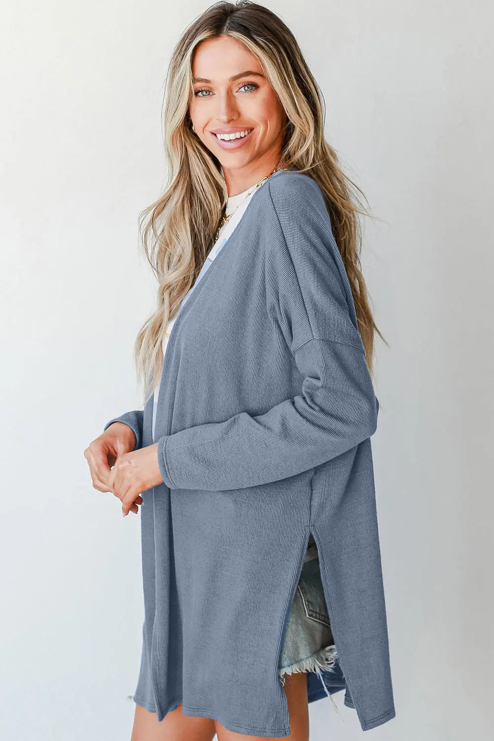 Ashleigh Blue Solid Colour Rib Knit Open Front Tunic Cardigan Beagle Boutique Fashion Outlet
