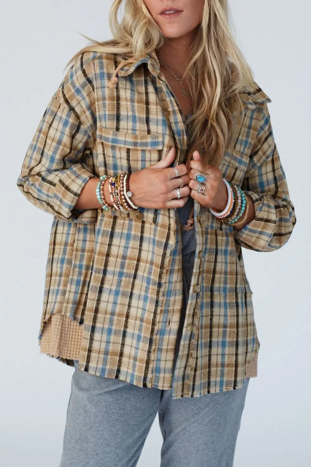 Ashleigh Blue Waffle Knit Patchwork Hooded Plaid Shacket eAura