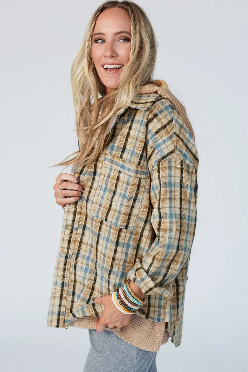 Ashleigh Blue Waffle Knit Patchwork Hooded Plaid Shacket eAura