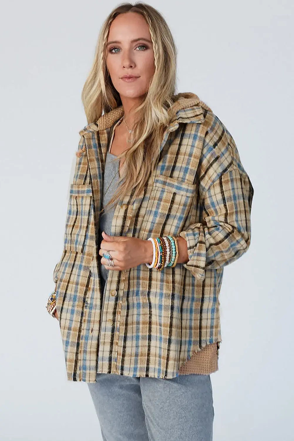 Ashleigh Blue Waffle Knit Patchwork Hooded Plaid Shacket eAura