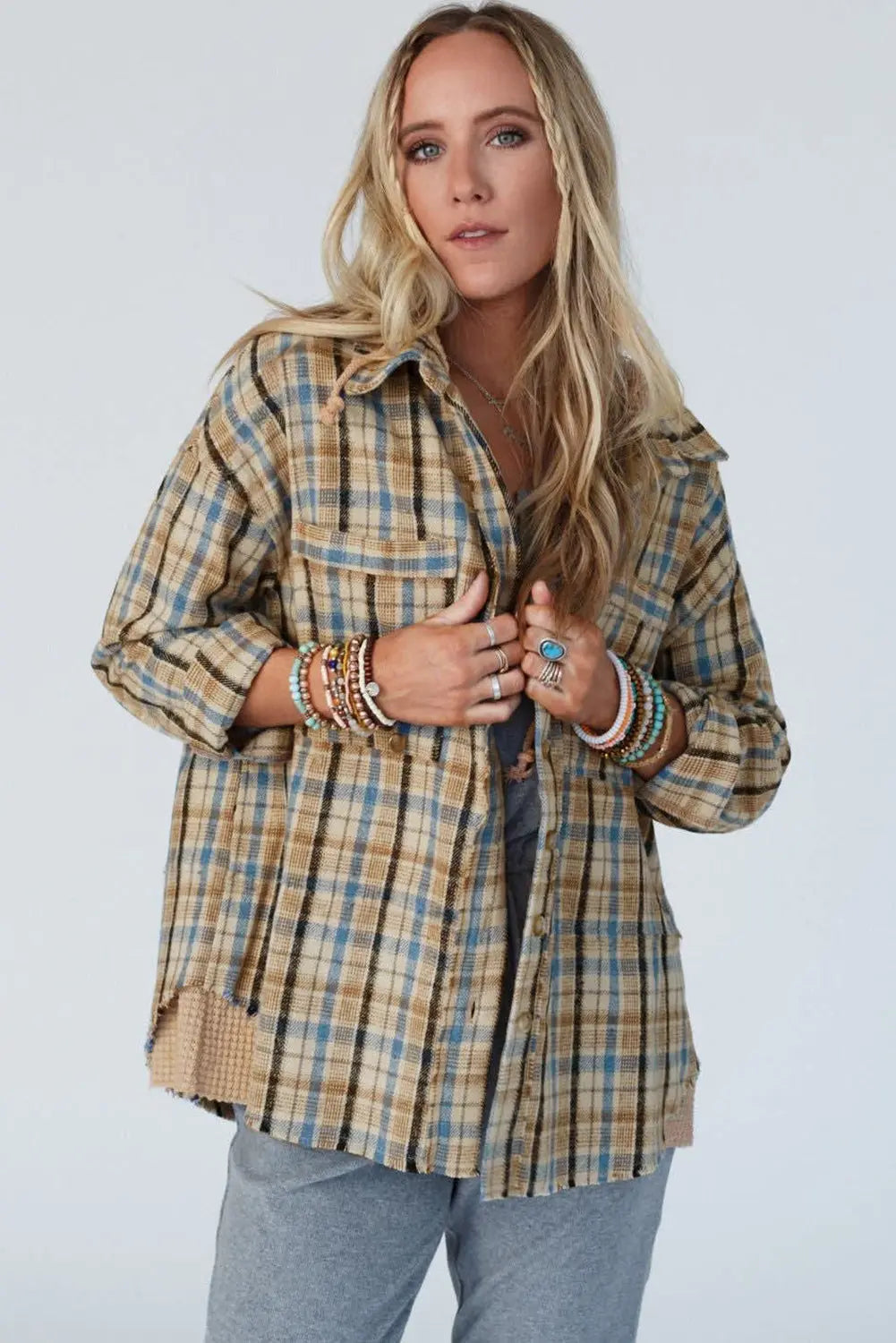 Ashleigh Blue Waffle Knit Patchwork Hooded Plaid Shacket eAura