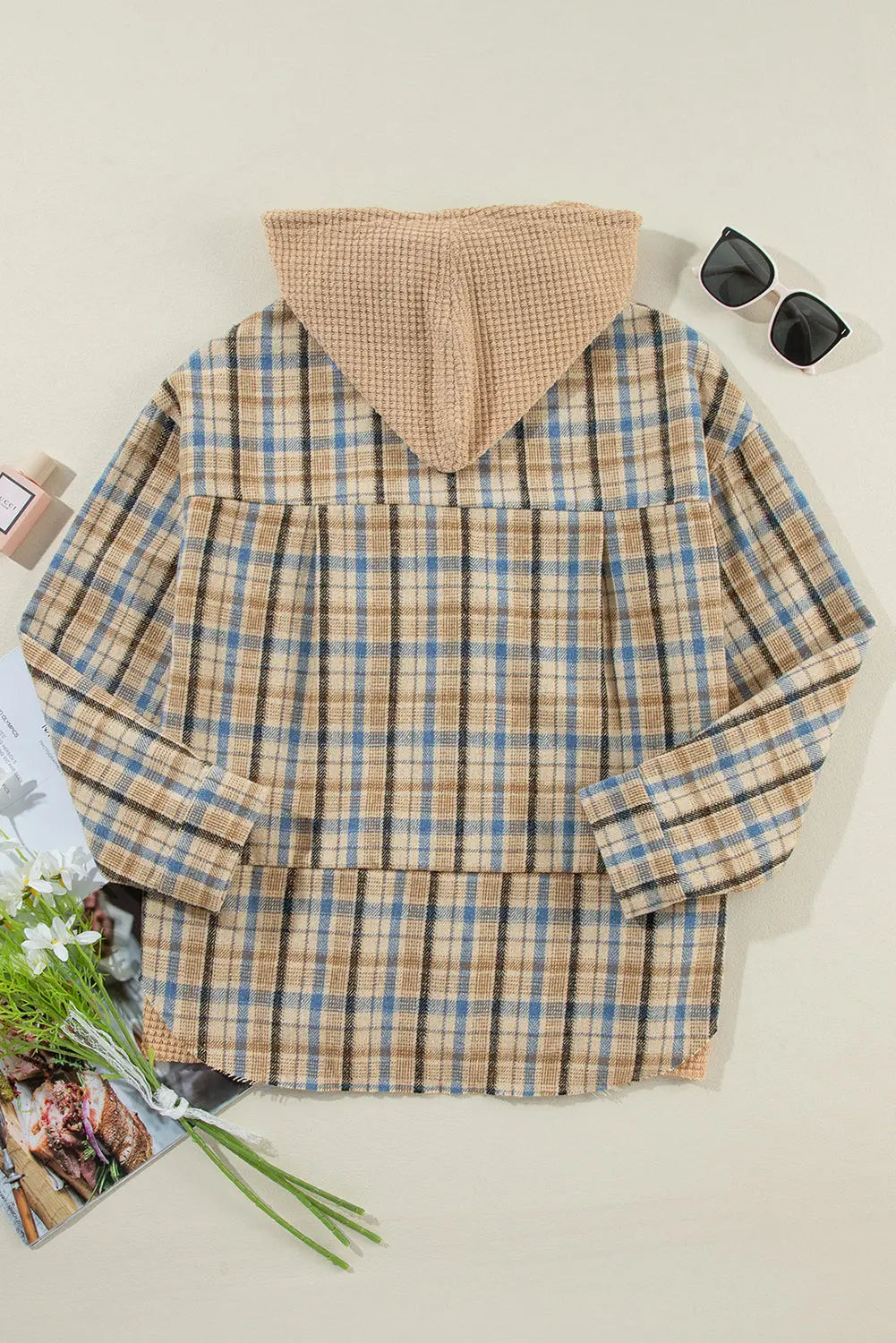 Ashleigh Blue Waffle Knit Patchwork Hooded Plaid Shacket eAura