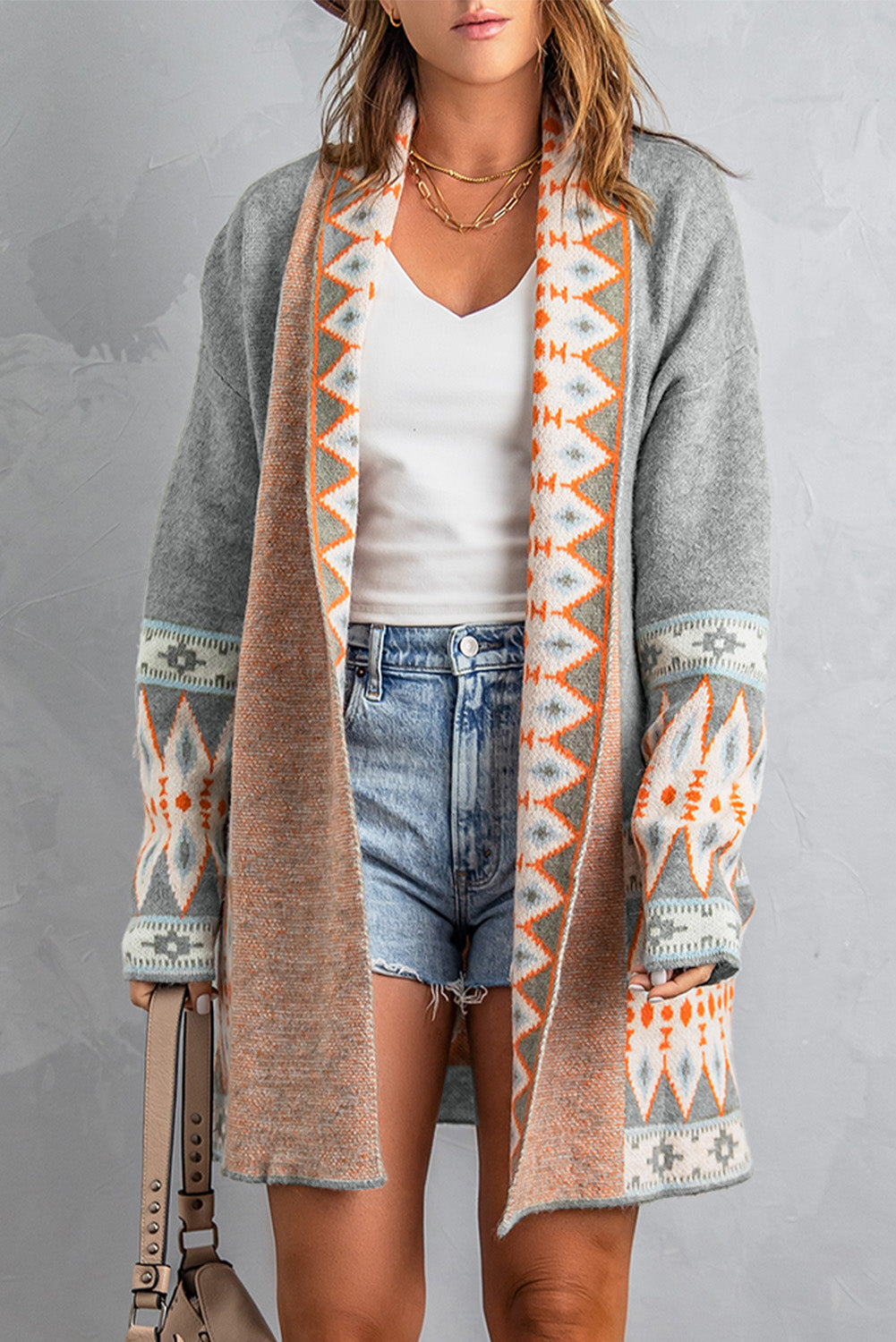 Aztec Print Open Front Knitted Cardigan - GRAY / XS / 48% ACRYLIC + 28% NYLON + 24% RAYON - Sweaters &