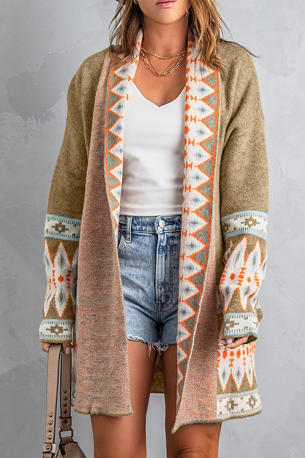 Aztec Print Open Front Knitted Cardigan - KHAKI / XS / 48% ACRYLIC + 28% NYLON + 24% RAYON - Sweaters &