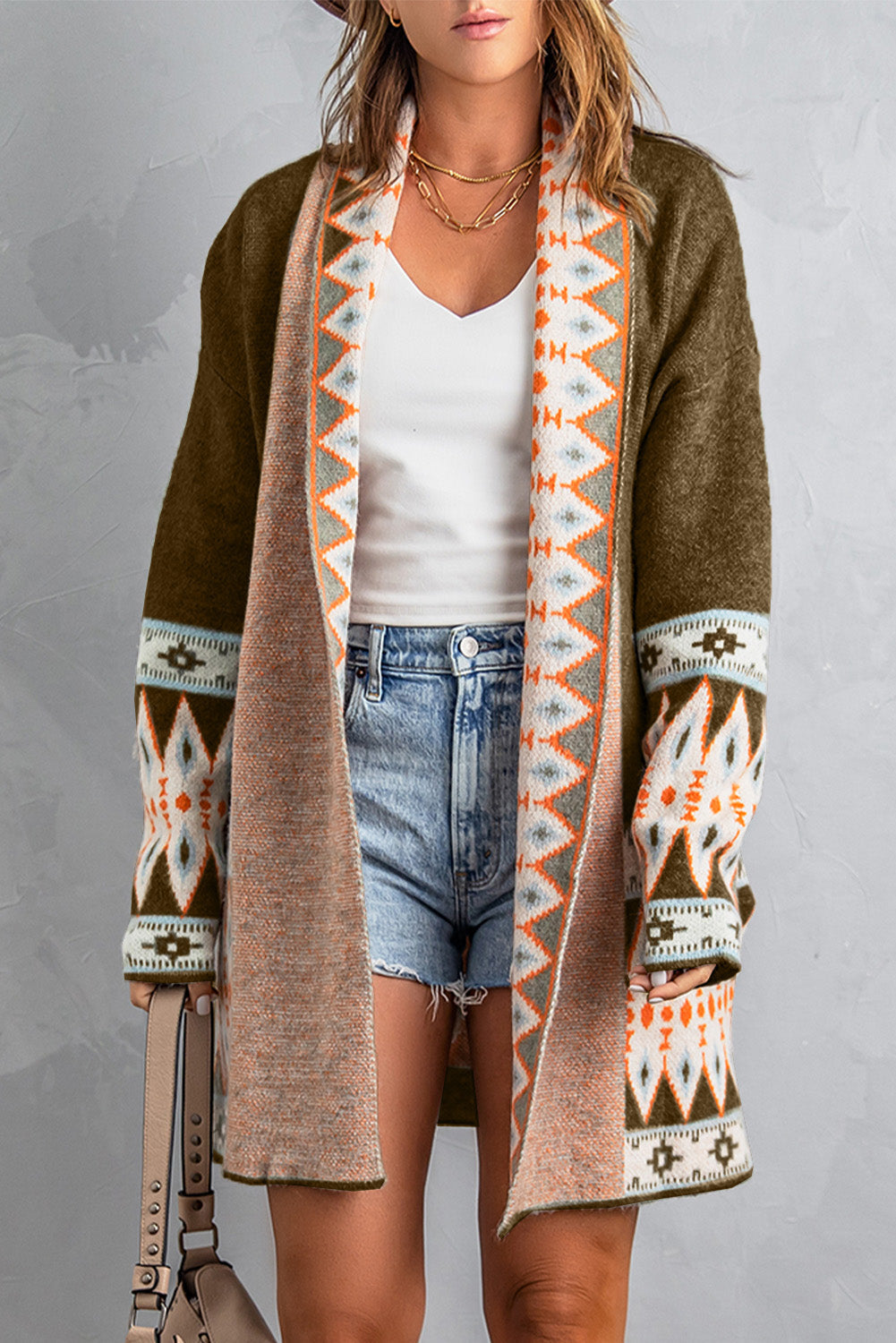 Aztec Print Open Front Knitted Cardigan - BROWN / XS / 48% ACRYLIC + 28% NYLON + 24% RAYON - Sweaters &