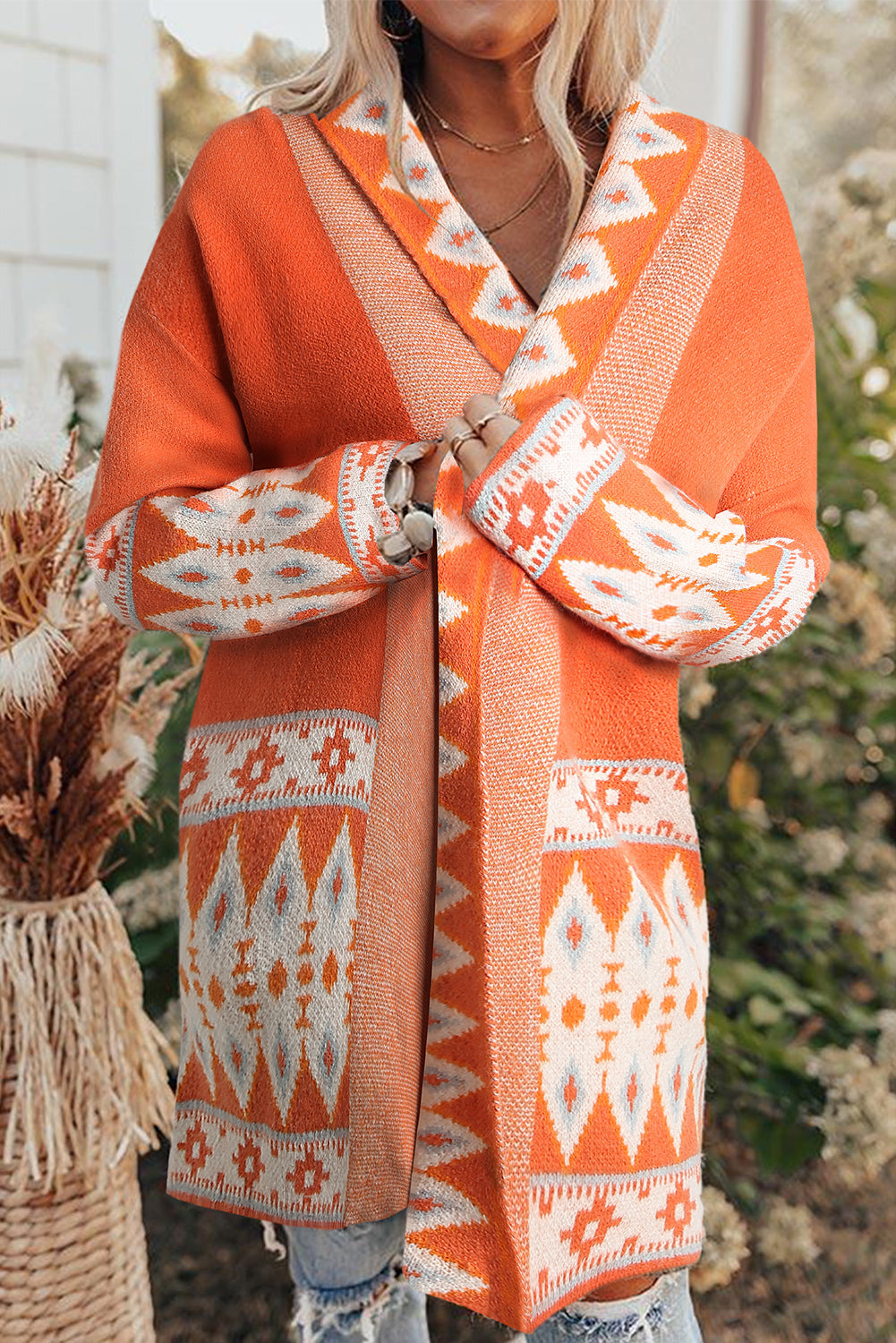 Aztec Print Open Front Knitted Cardigan - ORANGE PRINTED / S / 48% ACRYLIC + 28% NYLON + 24% RAYON - Sweaters &