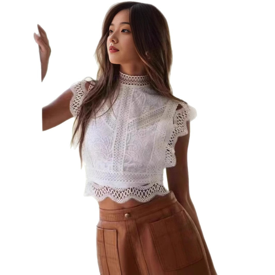 Hollowed Out Geometric Pattern Sleeveless Blouse Lace Detail Crop Top eprolo