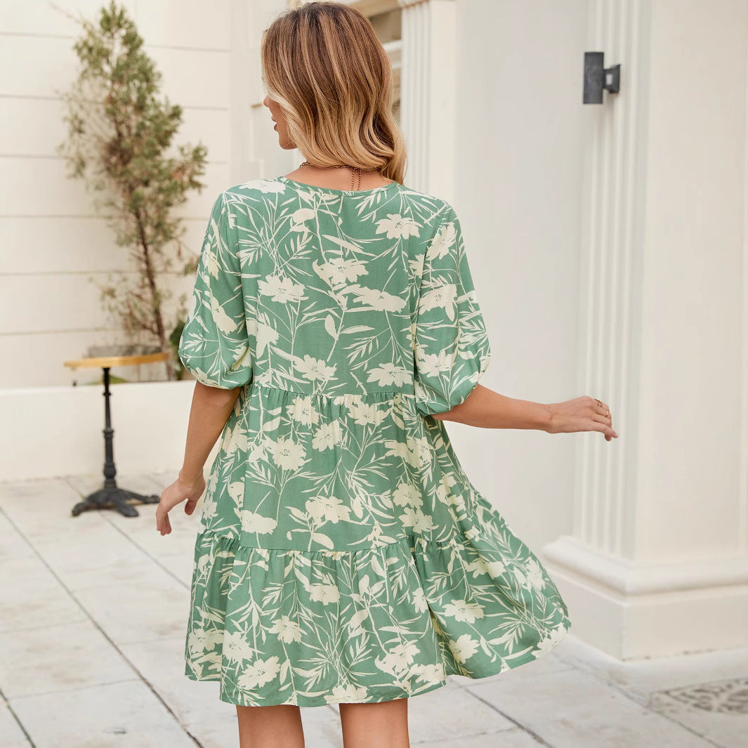 Floral Print Short V-Neck Dress eprolo