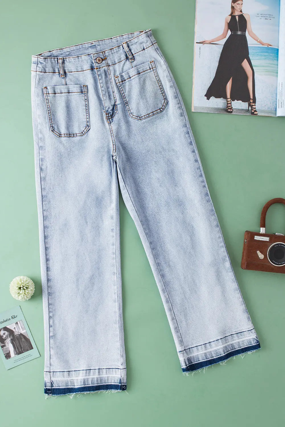 Beau Blue Acid Wash Contrast Edge Pocketed Cropped Jeans eAura