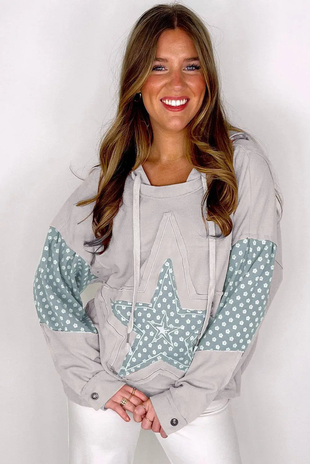 Beau Blue Floral Patchwork Star Pattern Drawstring Hoodie - BB Fashion Outlet