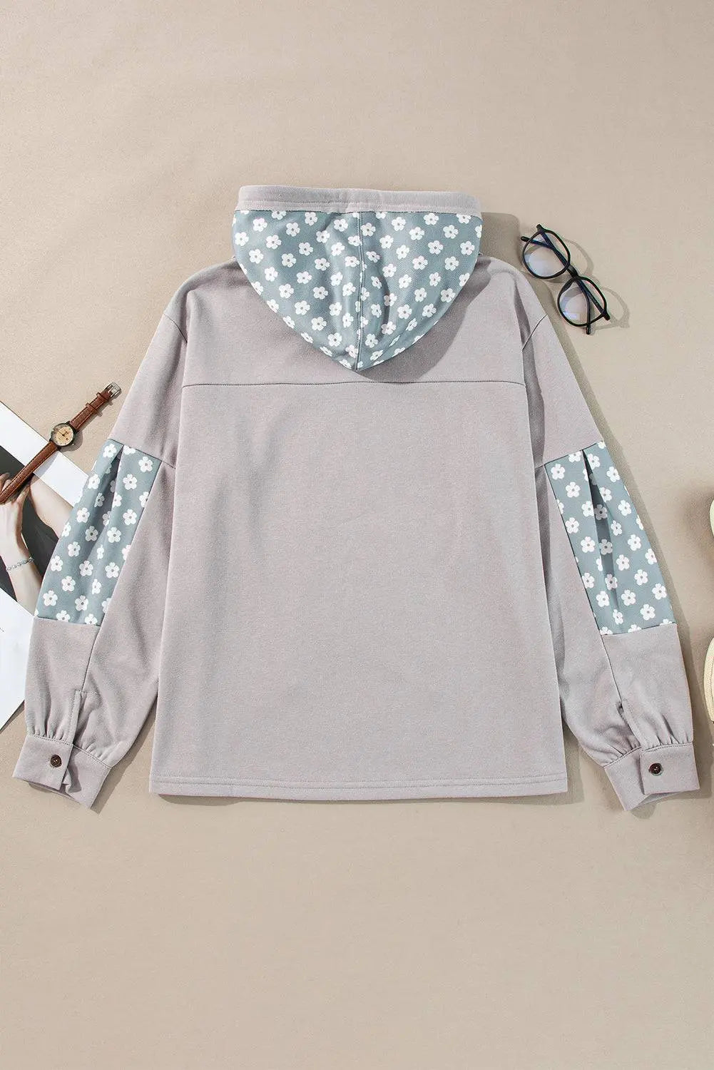 Beau Blue Floral Patchwork Star Pattern Drawstring Hoodie - BB Fashion Outlet