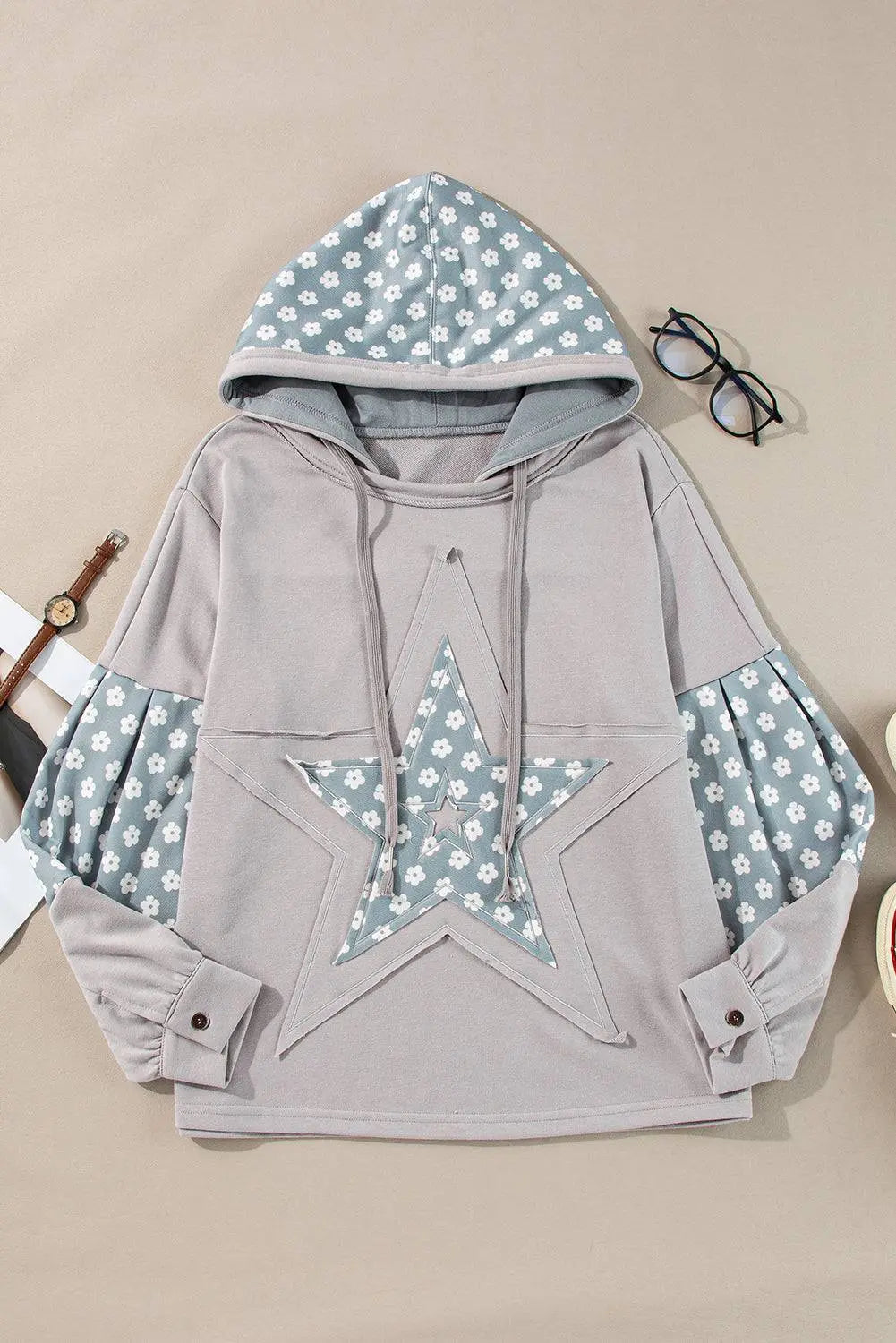 Beau Blue Floral Patchwork Star Pattern Drawstring Hoodie - BB Fashion Outlet