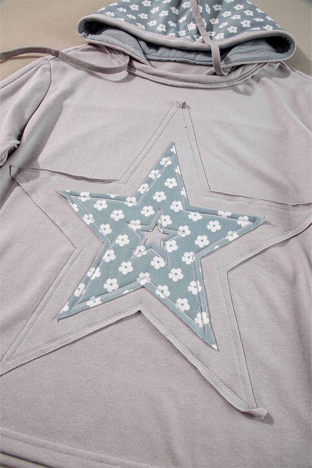 Beau Blue Floral Patchwork Star Pattern Drawstring Hoodie - BB Fashion Outlet