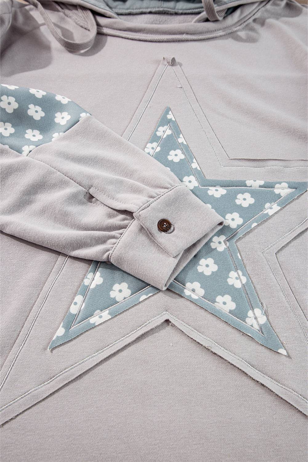 Beau Blue Floral Patchwork Star Pattern Drawstring Hoodie - BB Fashion Outlet