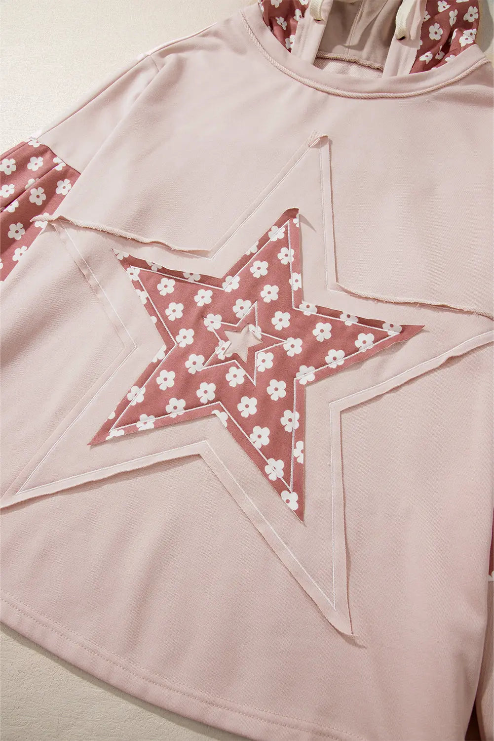Beau Blue Floral Patchwork Star Pattern Drawstring Hoodie - BB Fashion Outlet