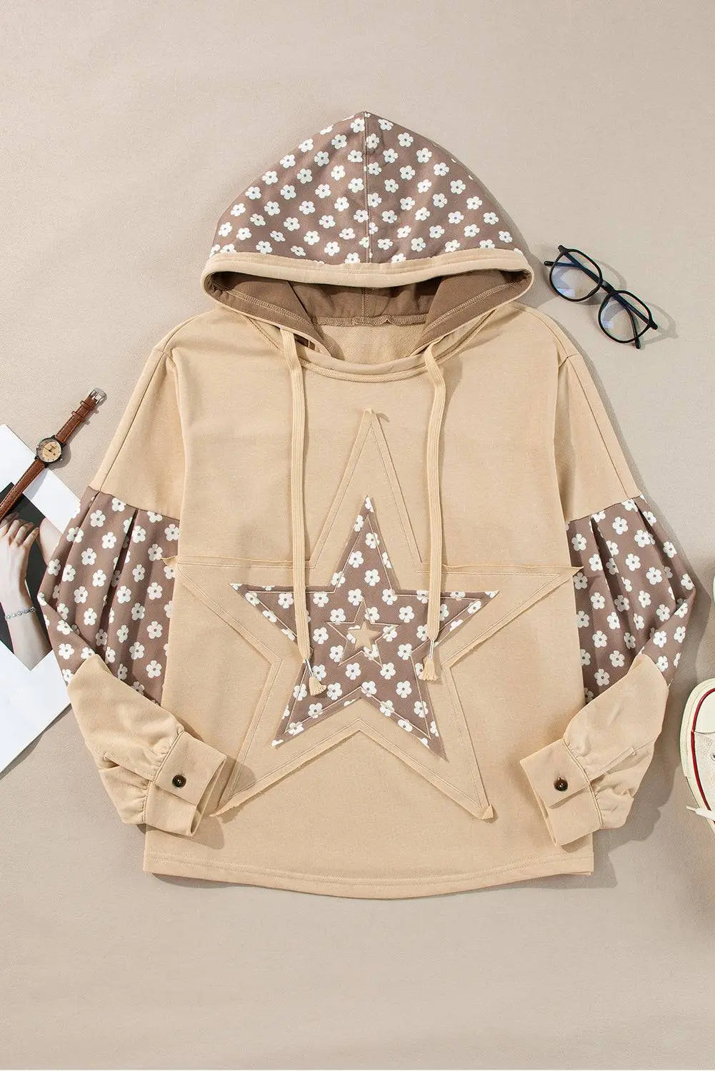 Beau Blue Floral Patchwork Star Pattern Drawstring Hoodie - BB Fashion Outlet