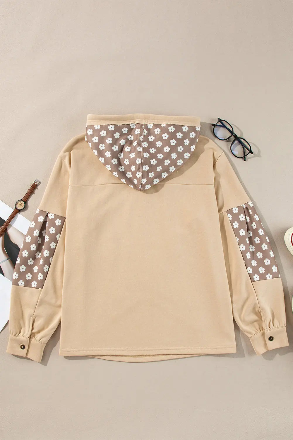Beau Blue Floral Patchwork Star Pattern Drawstring Hoodie - BB Fashion Outlet