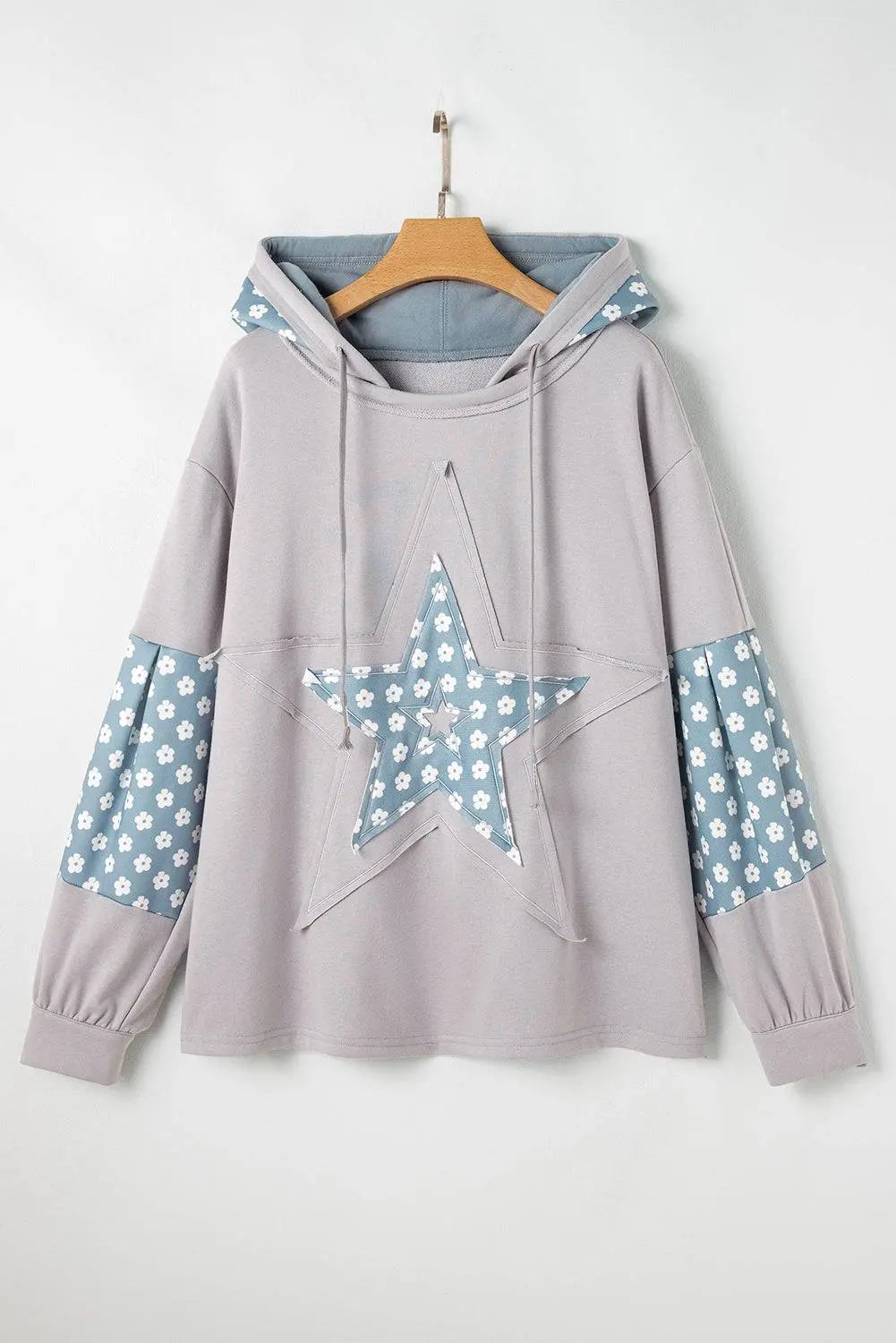 Beau Blue Floral Patchwork Star Pattern Drawstring Hoodie - BB Fashion Outlet