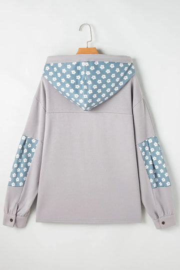 Beau Blue Floral Patchwork Star Pattern Drawstring Hoodie - BB Fashion Outlet