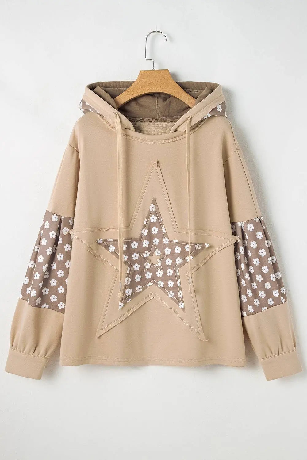 Beau Blue Floral Patchwork Star Pattern Drawstring Hoodie - BB Fashion Outlet