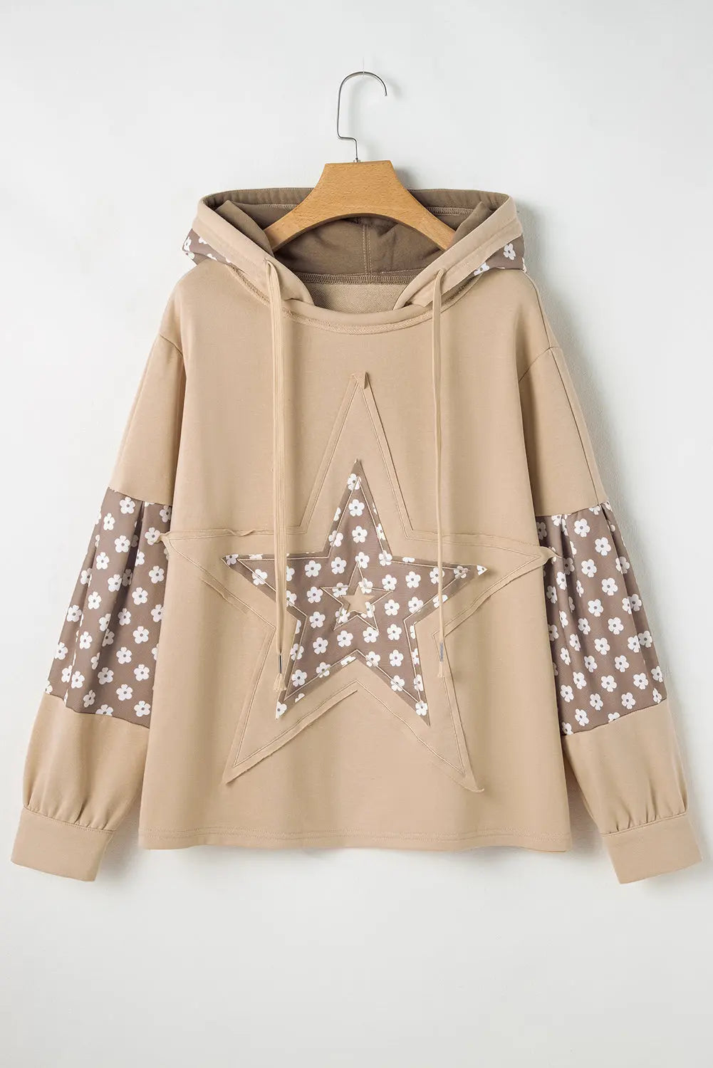 Beau Blue Floral Patchwork Star Pattern Drawstring Hoodie - BB Fashion Outlet