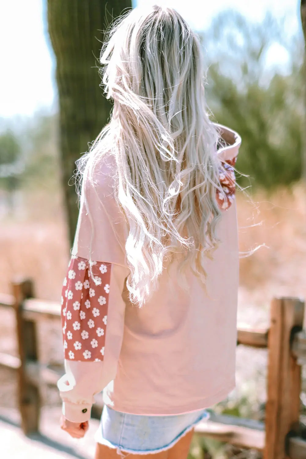 Beau Blue Floral Patchwork Star Pattern Drawstring Hoodie - BB Fashion Outlet