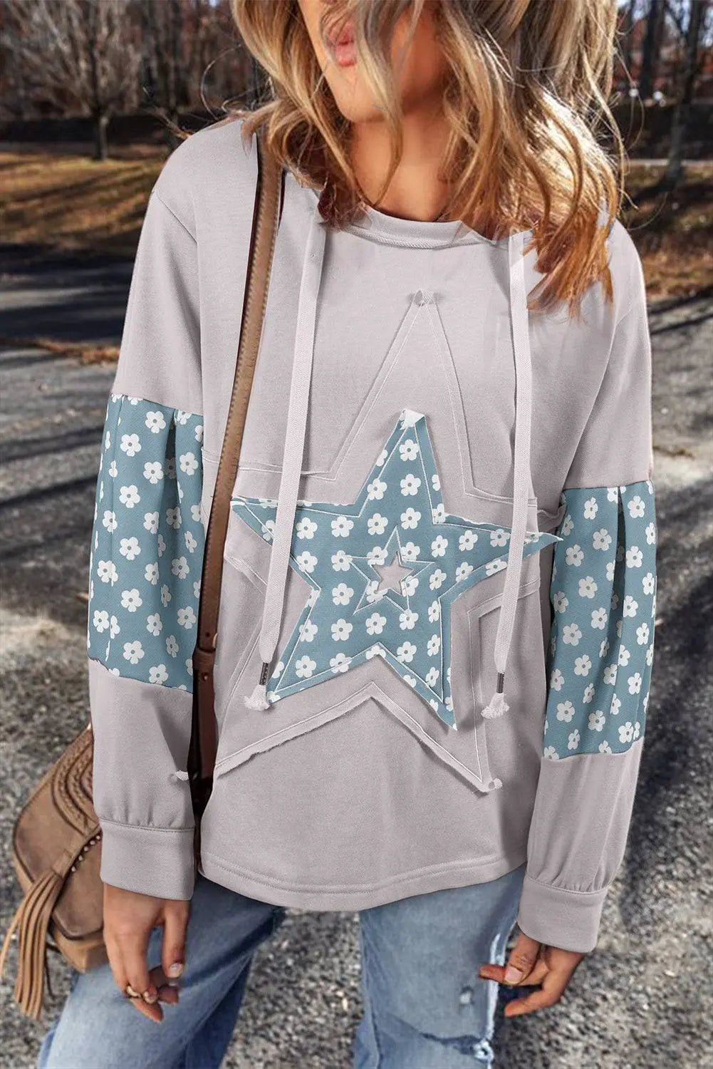 Beau Blue Floral Patchwork Star Pattern Drawstring Hoodie - BB Fashion Outlet