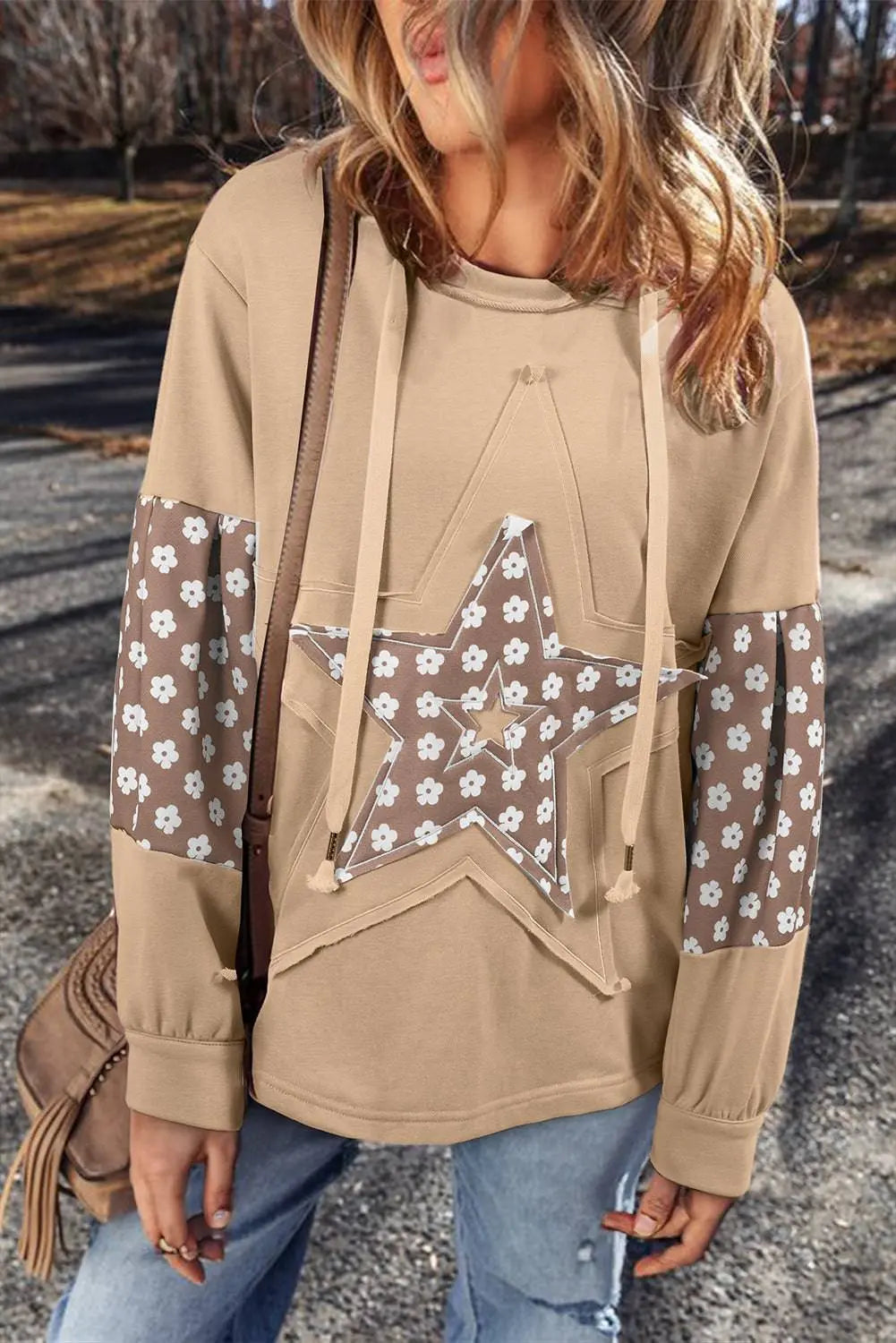 Beau Blue Floral Patchwork Star Pattern Drawstring Hoodie - BB Fashion Outlet