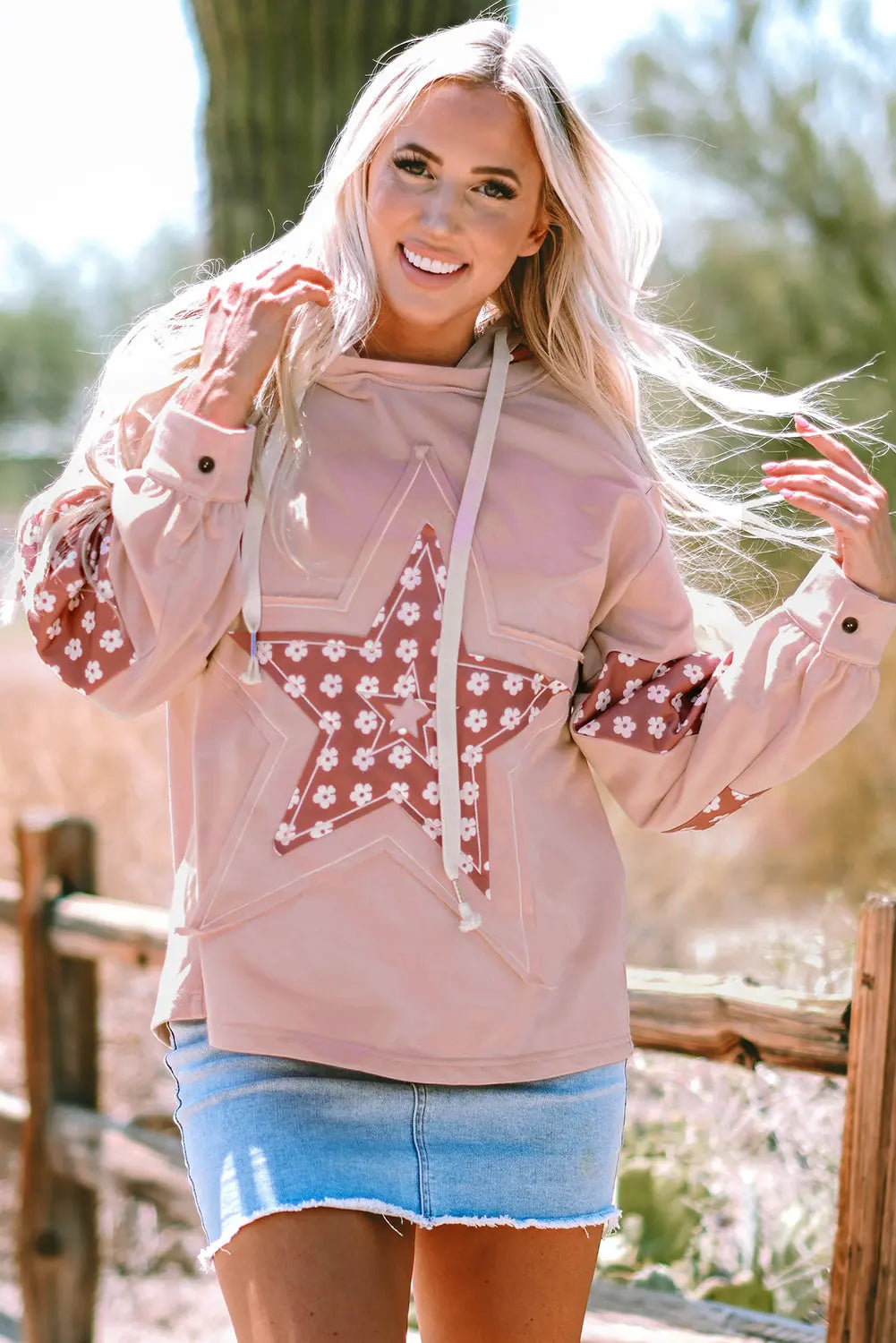 Beau Blue Floral Patchwork Star Pattern Drawstring Hoodie - BB Fashion Outlet