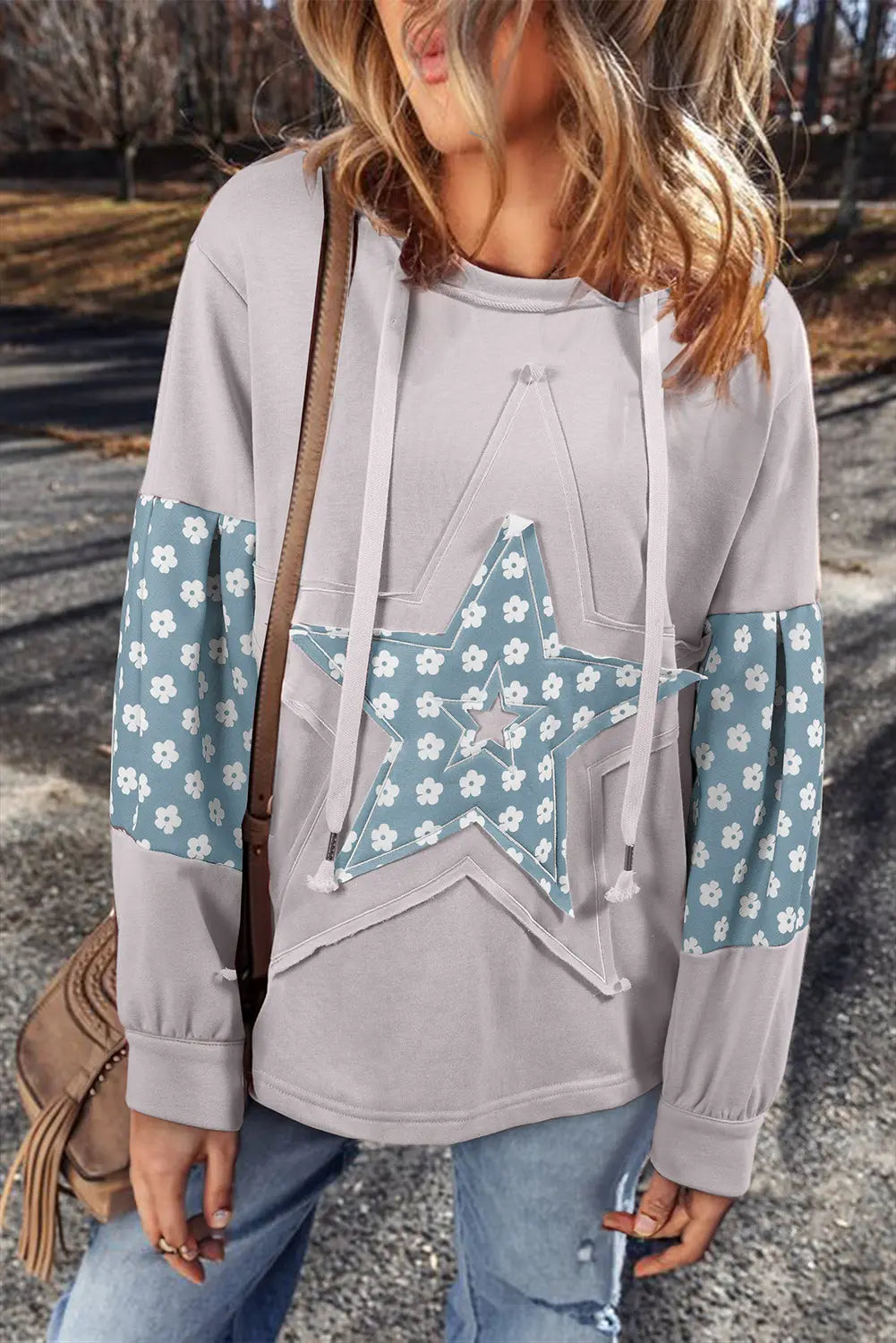 Beau Blue Floral Patchwork Star Pattern Drawstring Hoodie - BB Fashion Outlet