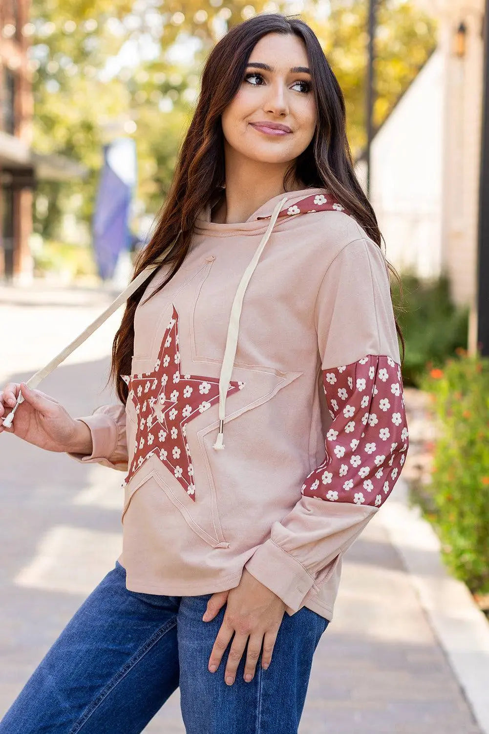 Beau Blue Floral Patchwork Star Pattern Drawstring Hoodie - BB Fashion Outlet